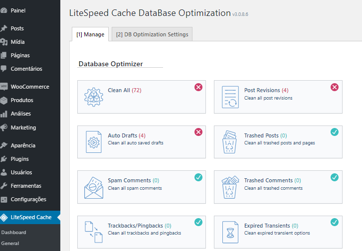 opções de otimização de banco de dados no plugin LiteSpeed Cache
