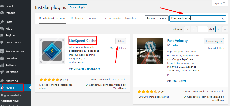 instalar e ativar o plugin LiteSpeed Cache no WordPress