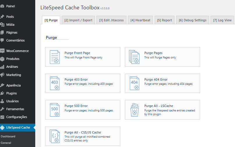 opções de Caixa de Ferramentas para otimizar cache no plugin LiteSpeed Cache