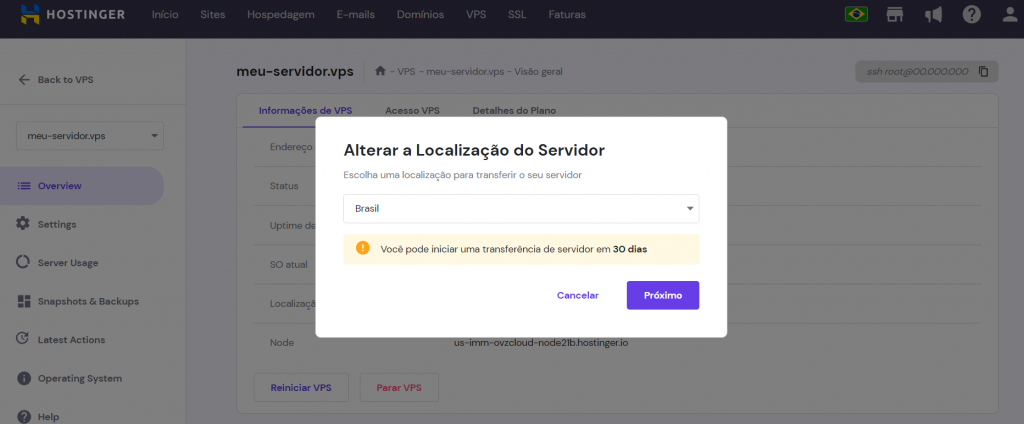 hPanel da Hostinger mostrando como alterar a localização do servidor para Brasil
