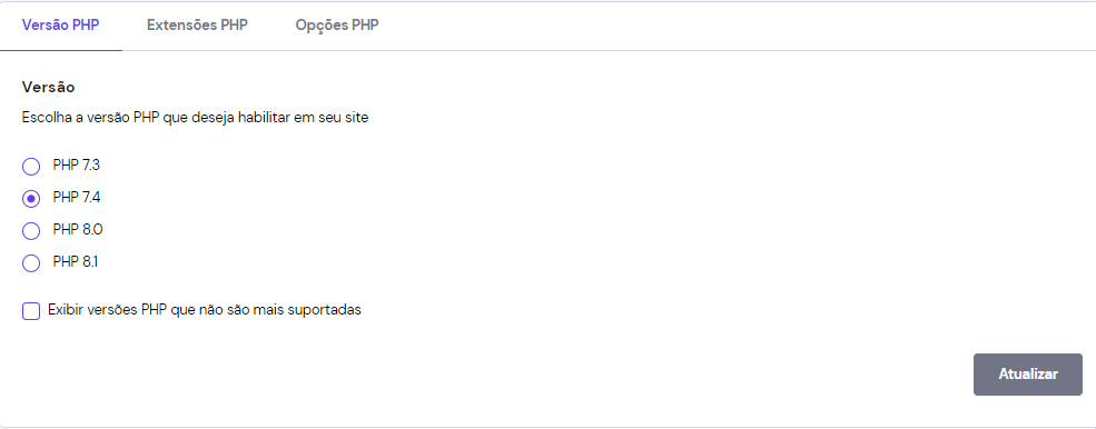 seção das versões PHP do hPanel