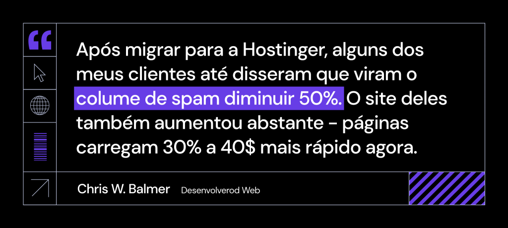 Chris W. Balmer compartilhando os resultados da mudança para Hostinger; ou seja, seus clientes experimentaram uma redução significativa no spam e uma melhoria no desempenho do site