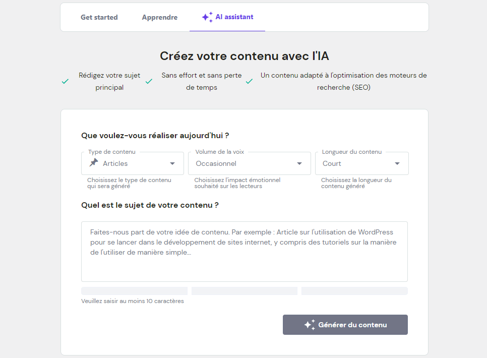 Interface do Assistente de IA para WordPress da Hostinger em francês