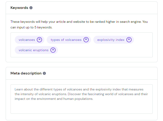 Seções de palavras-chave e meta descrição na interface do Assistente de IA para WordPress da Hostinger