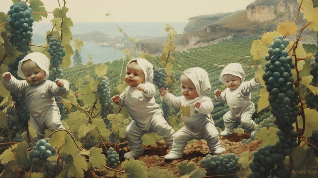 Ilustração do Softwine com quatro bebês vestidos com macacões brancos de manga cumprida e chapéus na cabeça no meio de videiras.
