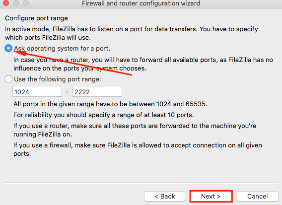 filezilla network configuration wizard ask operating system