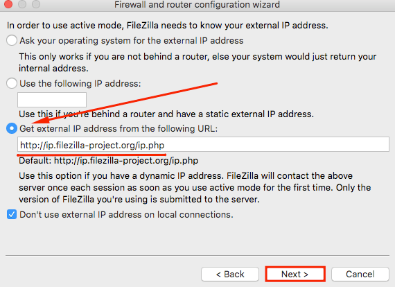 filezilla network configuration wizard get external