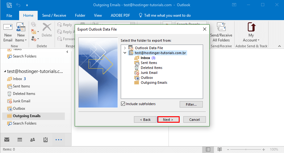outlook choose export choose email account2