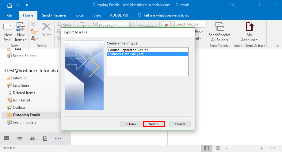 outlook choose file type next