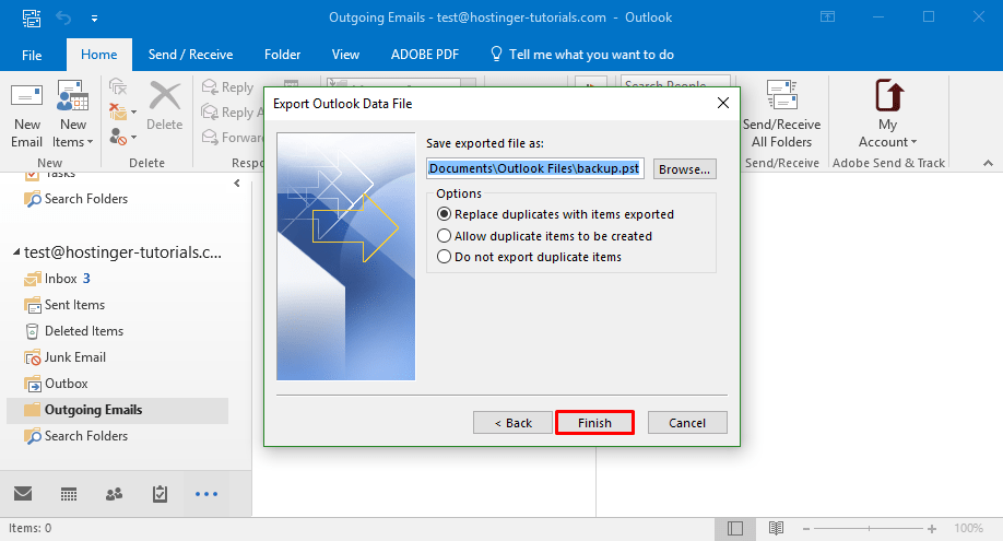 outlook export finish