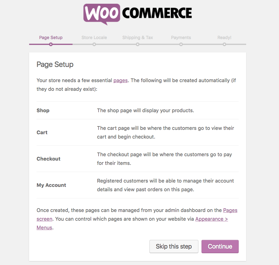 woocommerce page setup