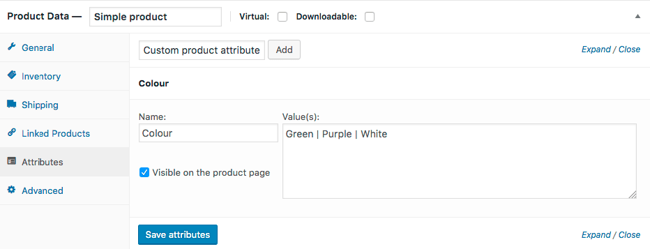 woocommerce product attributes section