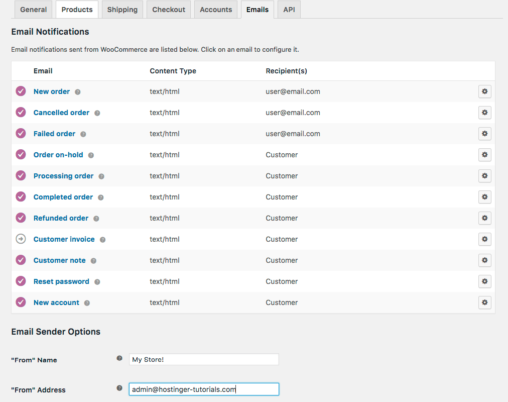 woocommerce settings emails tab