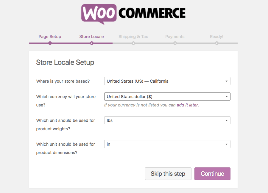 woocommerce setup store locale