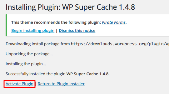 wordpress wp super cache activate