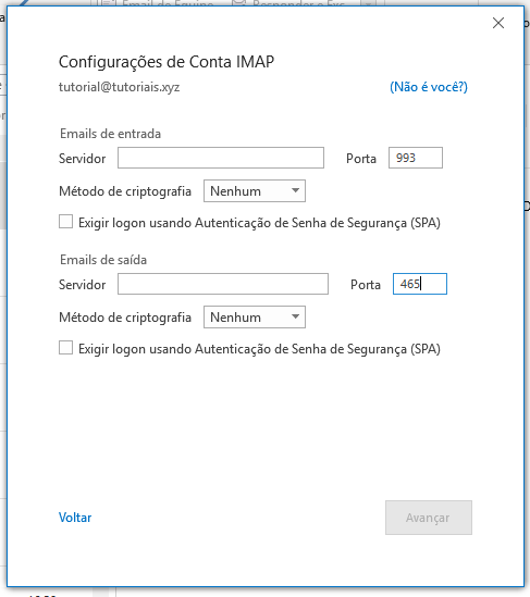 configurações de conta IMAP