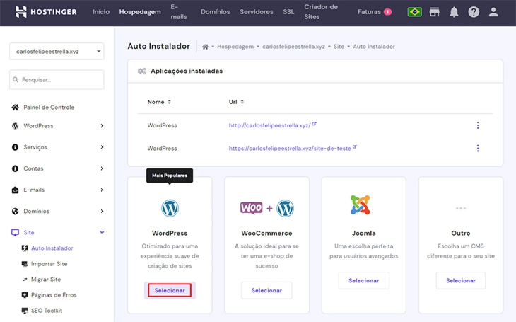 auto instalador do wordpress da hostinger