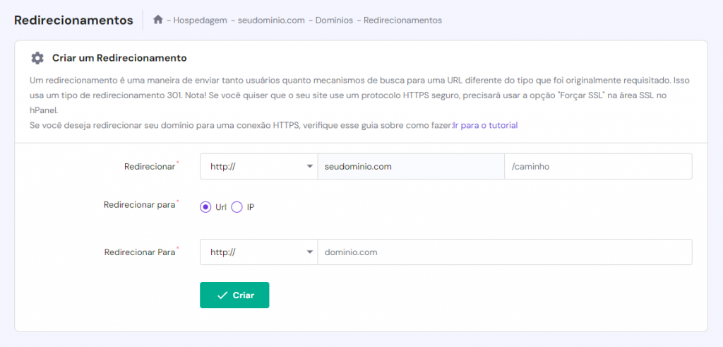 criando redirecionamento de url no hpanel