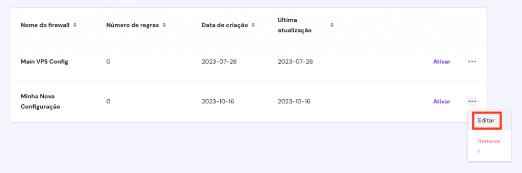 editando nova configuração de firewall no hpanel