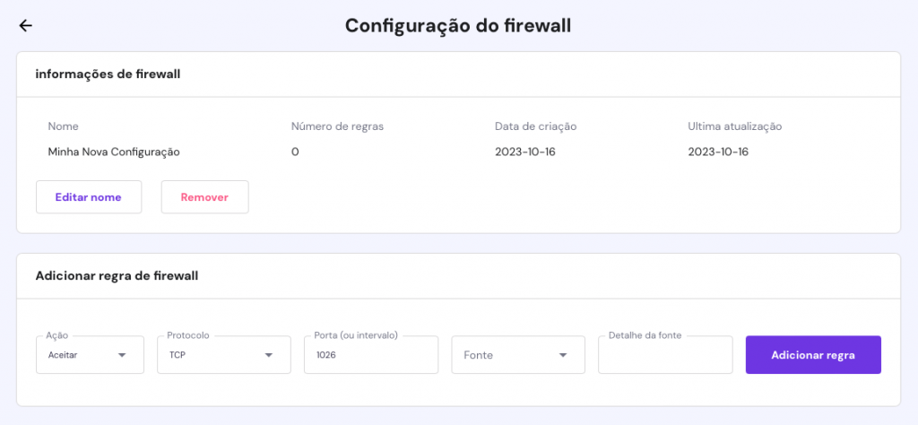 editando nova configuração de firewall no hpanel