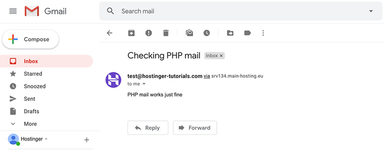 email recebido no gmail mostrando que o php mail funcionou