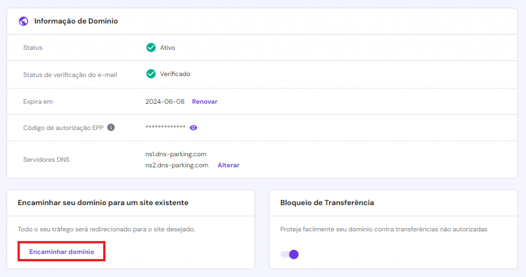 encaminhamento de domínio no hpanel