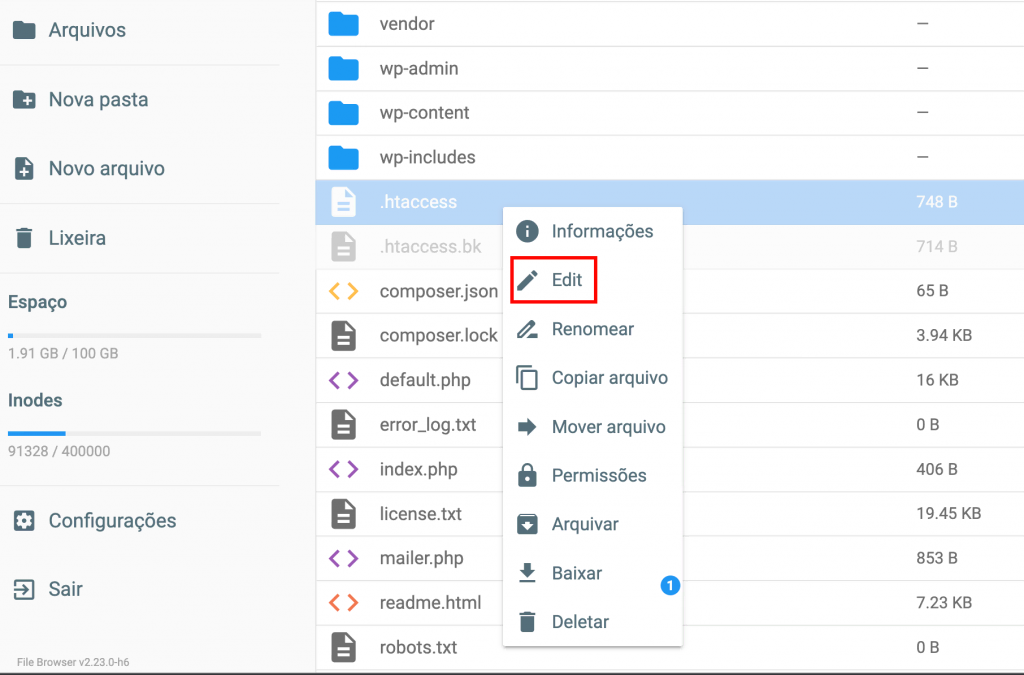 O botão Editar do arquivo .htaccess no gerenciador de arquivos da Hostinger