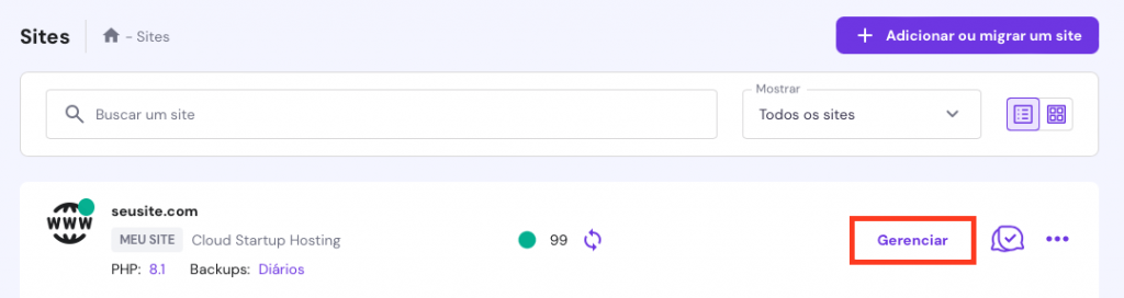 botão gerenciar na tela sites do hpanel