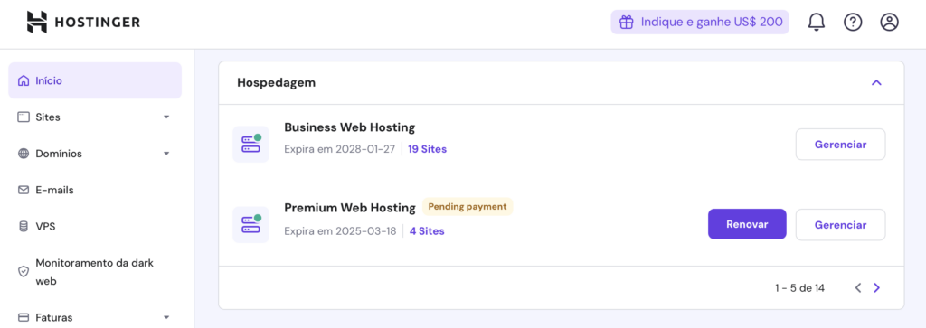 área "hospedagem" do hpanel
