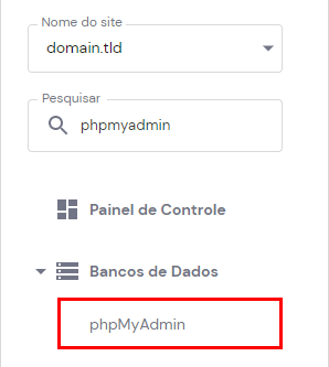 o menu phpMyAdmin na seção de bancos de dados do hPanel