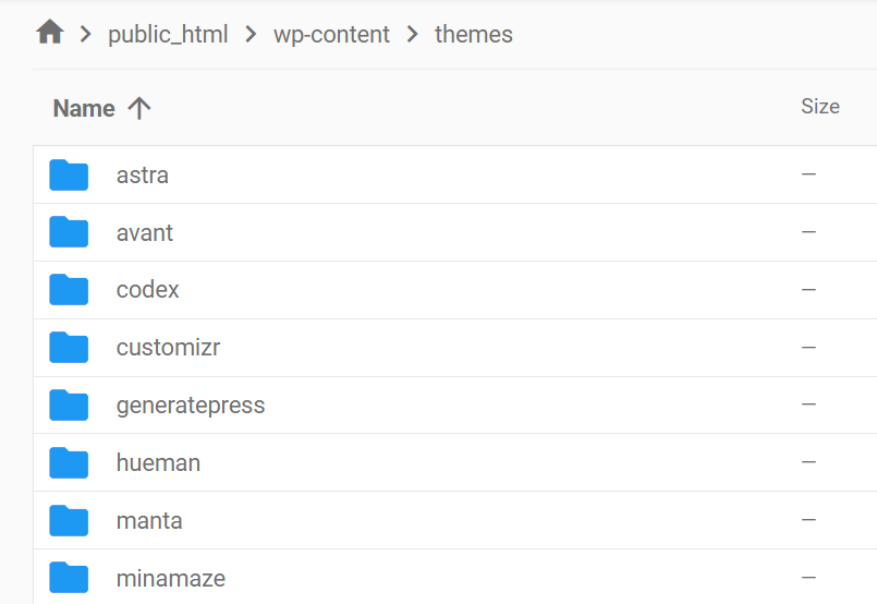 o diretório wp-content/themes no menu do gerenciador de arquivos.