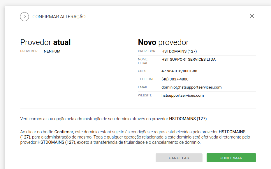 escolhendo provedor hstdomains (127) da hostinger no registro.br