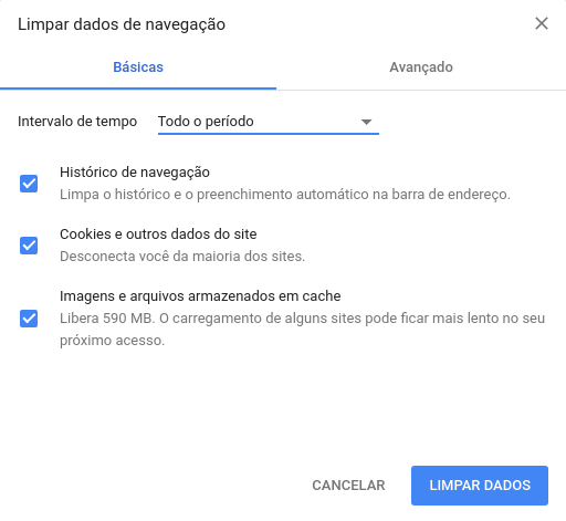 tela de limpeza de cache do chrome