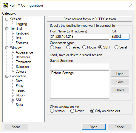 como usar o putty ssh - configuração