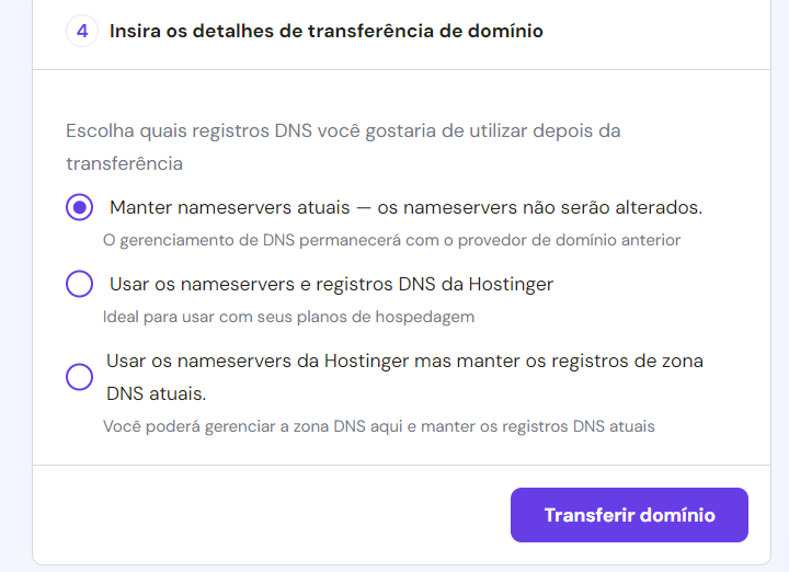 selecionando opções de dns e nameservers ao transferir domínio .br para a hostinger no hpanel