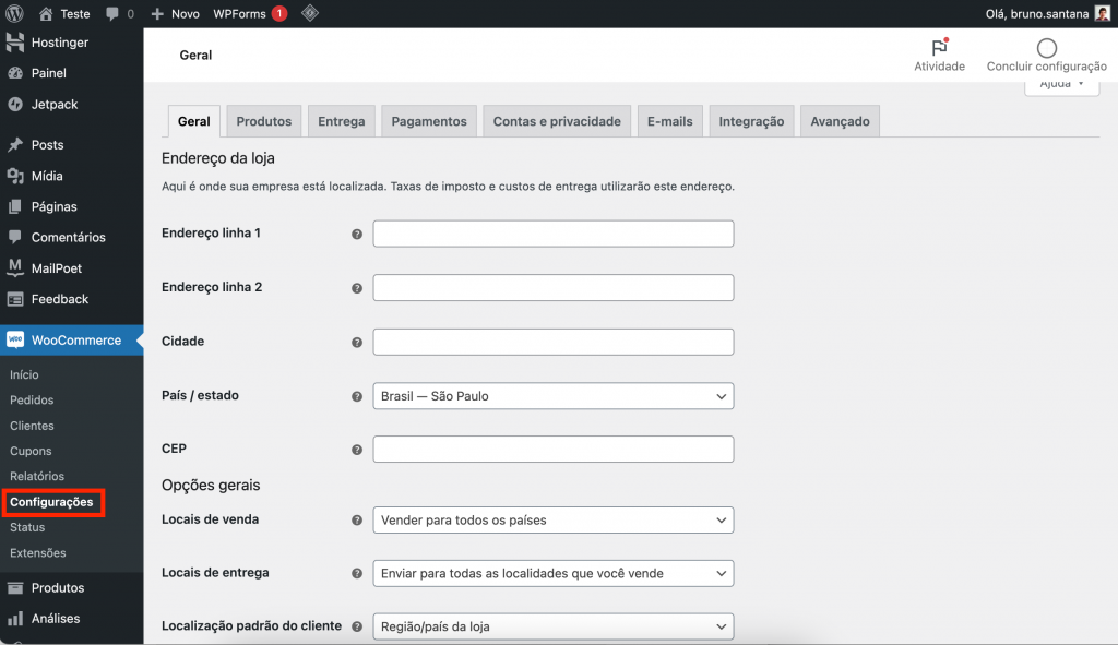 configuração do woocommerce