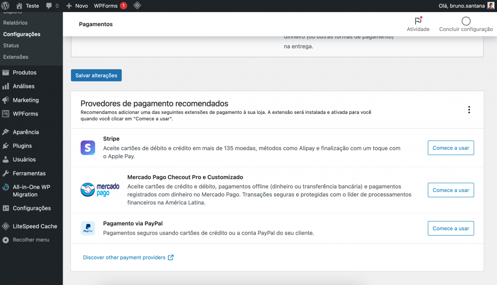 configuração do woocommerce