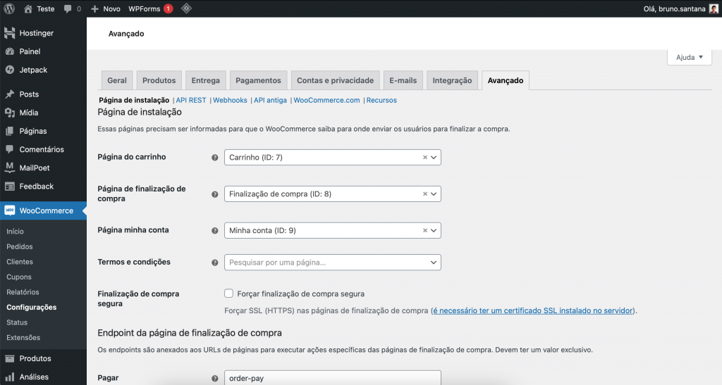 configurações no woocommerce