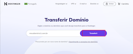 tela de transferência de domínio da hostinger com o botão transferir em destaque