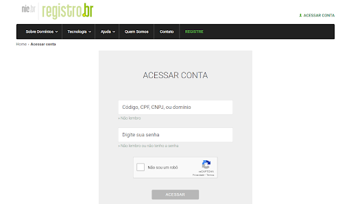 página de login do registro.br