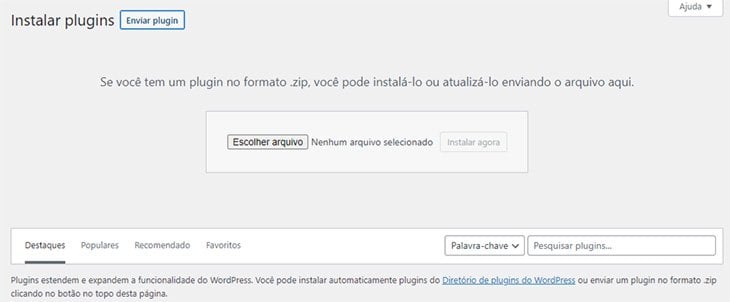 tela de upload de plugin para o wordpress