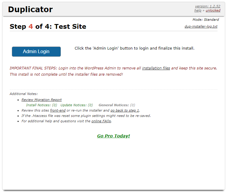testar site configurado após instalar duplicator