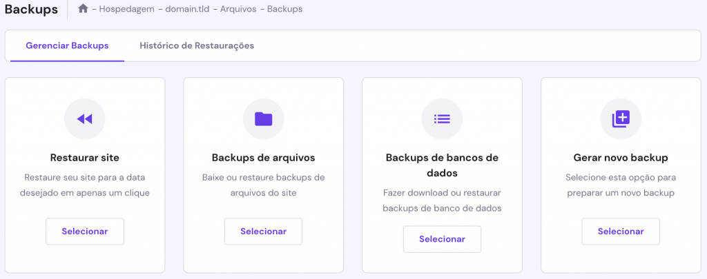 A página Backups no hPanel