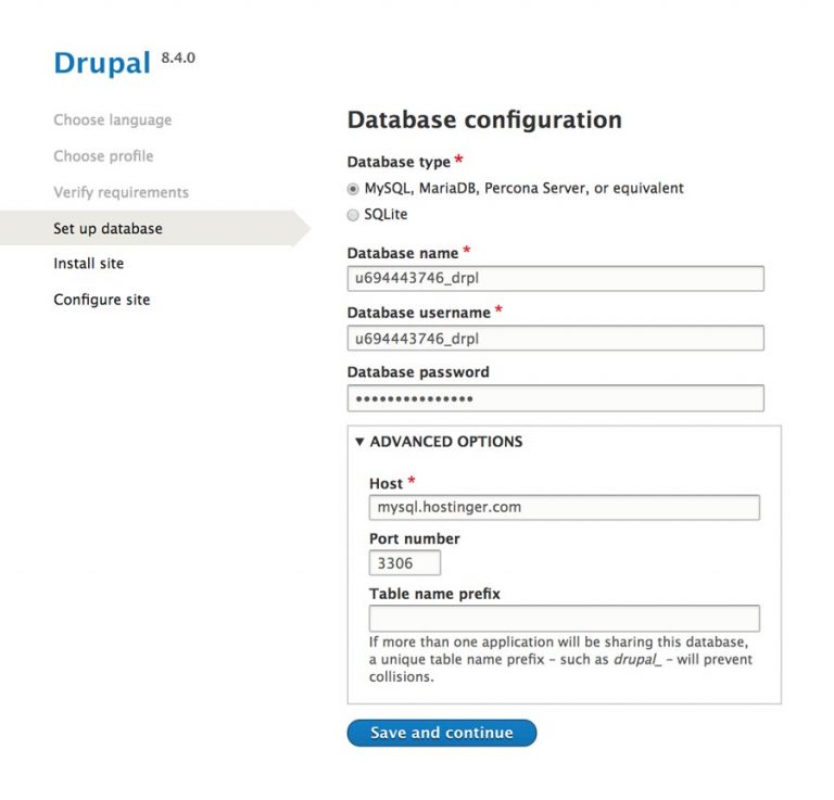 Configuração de dados na instalação drupal