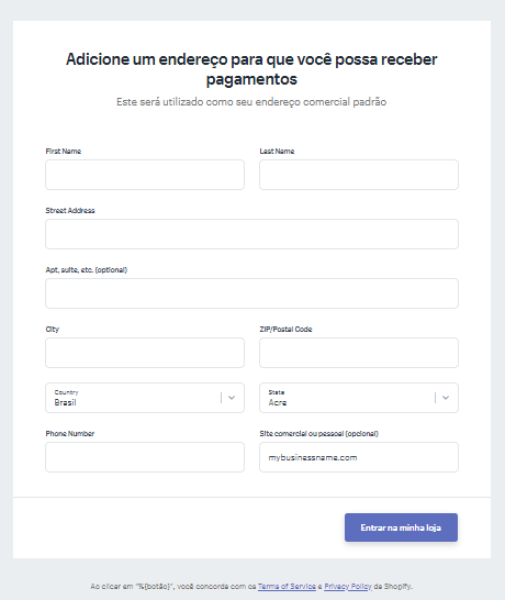 Página de cadastro no shopify