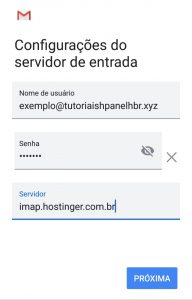 configurações de servidor de entrada do email
