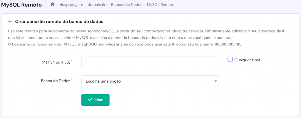 A página do MySQL remoto no hPanel