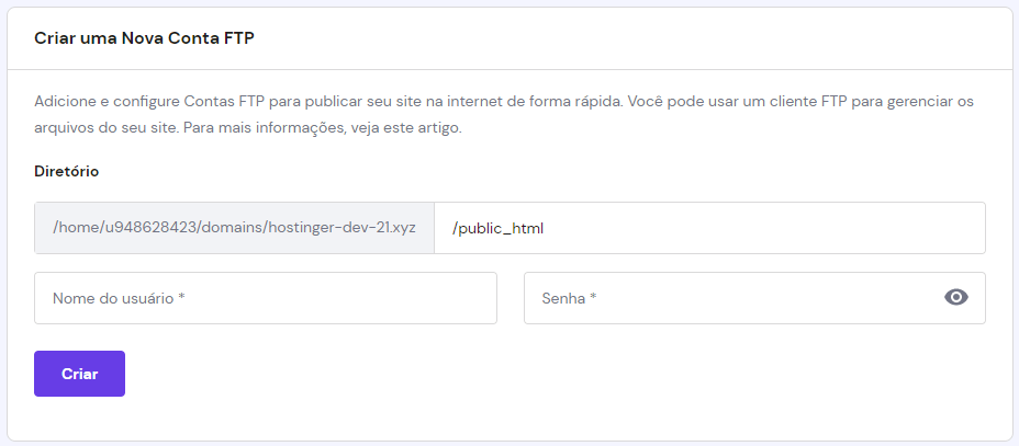 opção de criar novo servidor ftp no hpanel