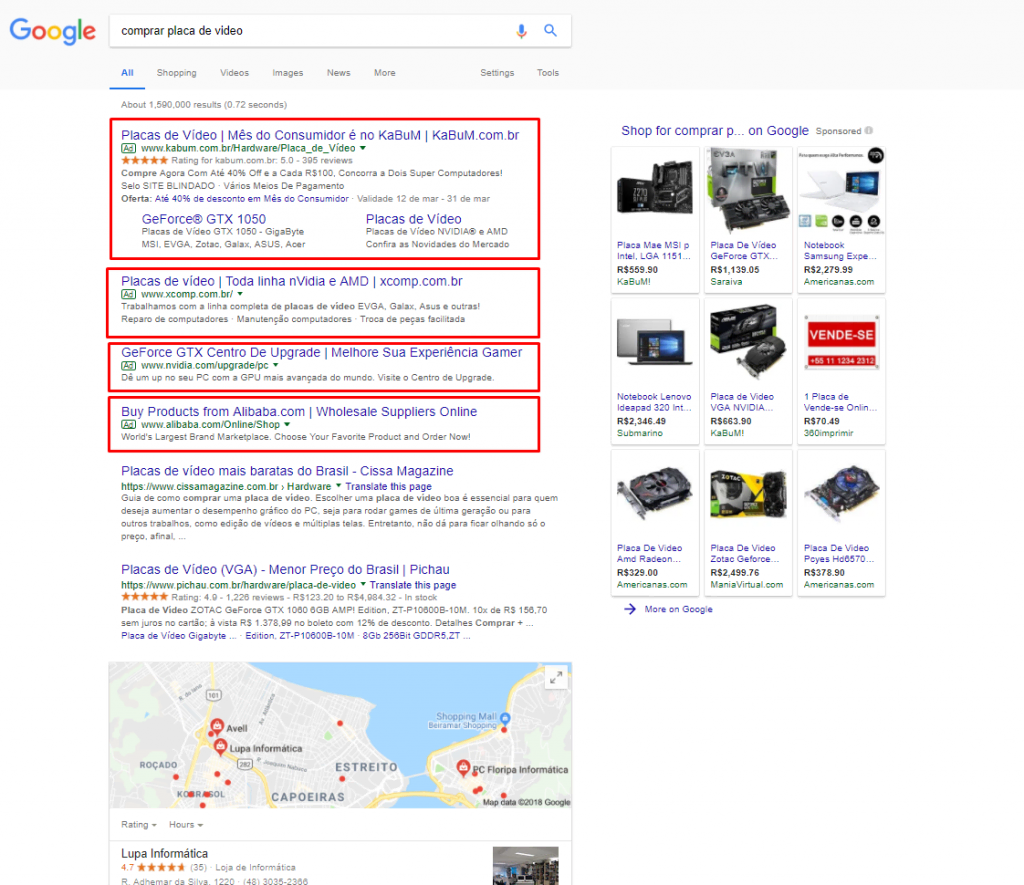 Pesquisa no Google pelo termo "comprar placa de video" com anúncios de sem