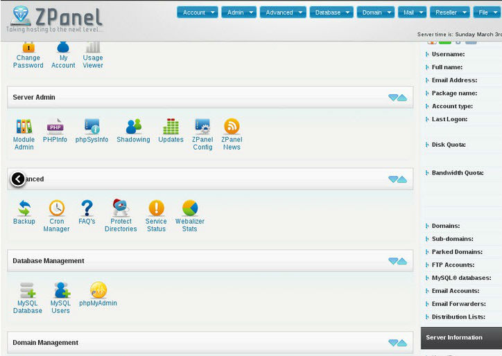 Painel de gestão do ZPanel